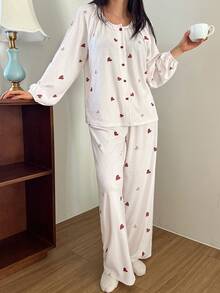 DAZY 心形图案印花宽松插肩袖女士睡衣套装 - 白色 - 查看 1