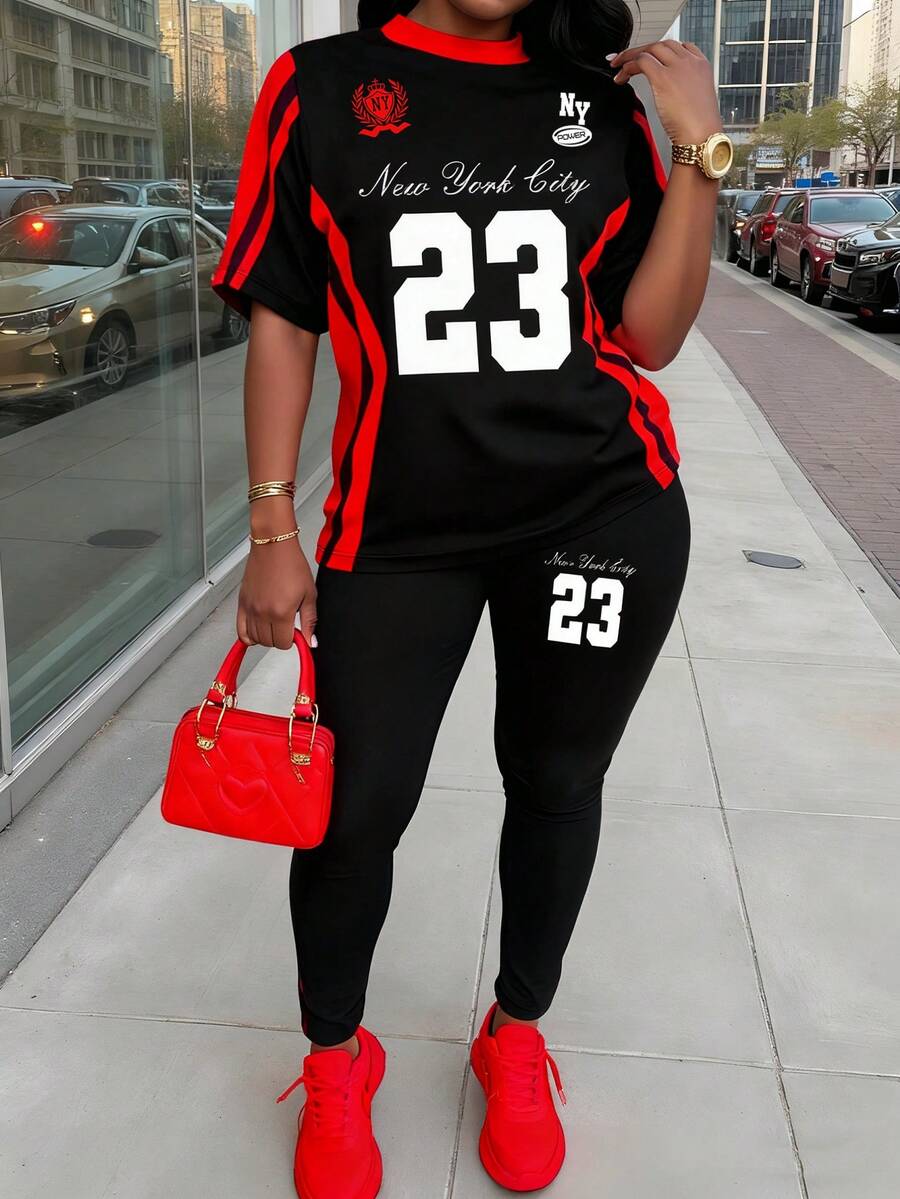 SHEIN 字母图案撞色侧缝T恤和紧身裤 - 彩色 - 查看 1