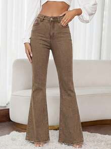 SHEIN LUNE Women's Solid Color High-Rise Raw Hem Flare Jeans - Coffee Brown - View 5
