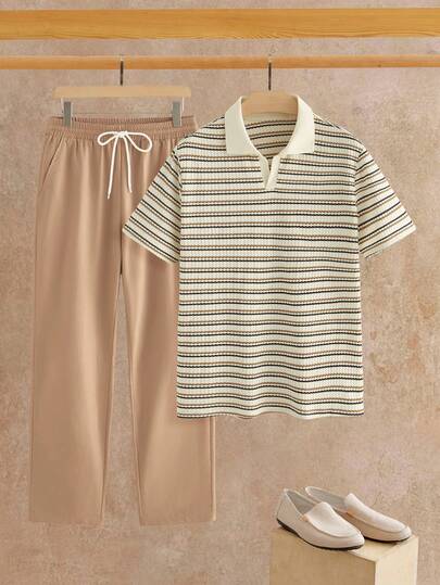 HIMLAND Męski, swobodny, pasiasty zestaw polo z krótkim rękawem i szortami, lato