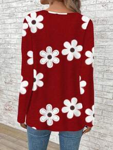 EMERY ROSE Áo thun dài tay dáng rộng, cổ chữ V, in hoa, dành cho nữ cỡ lớn - Đỏ - Xem 2