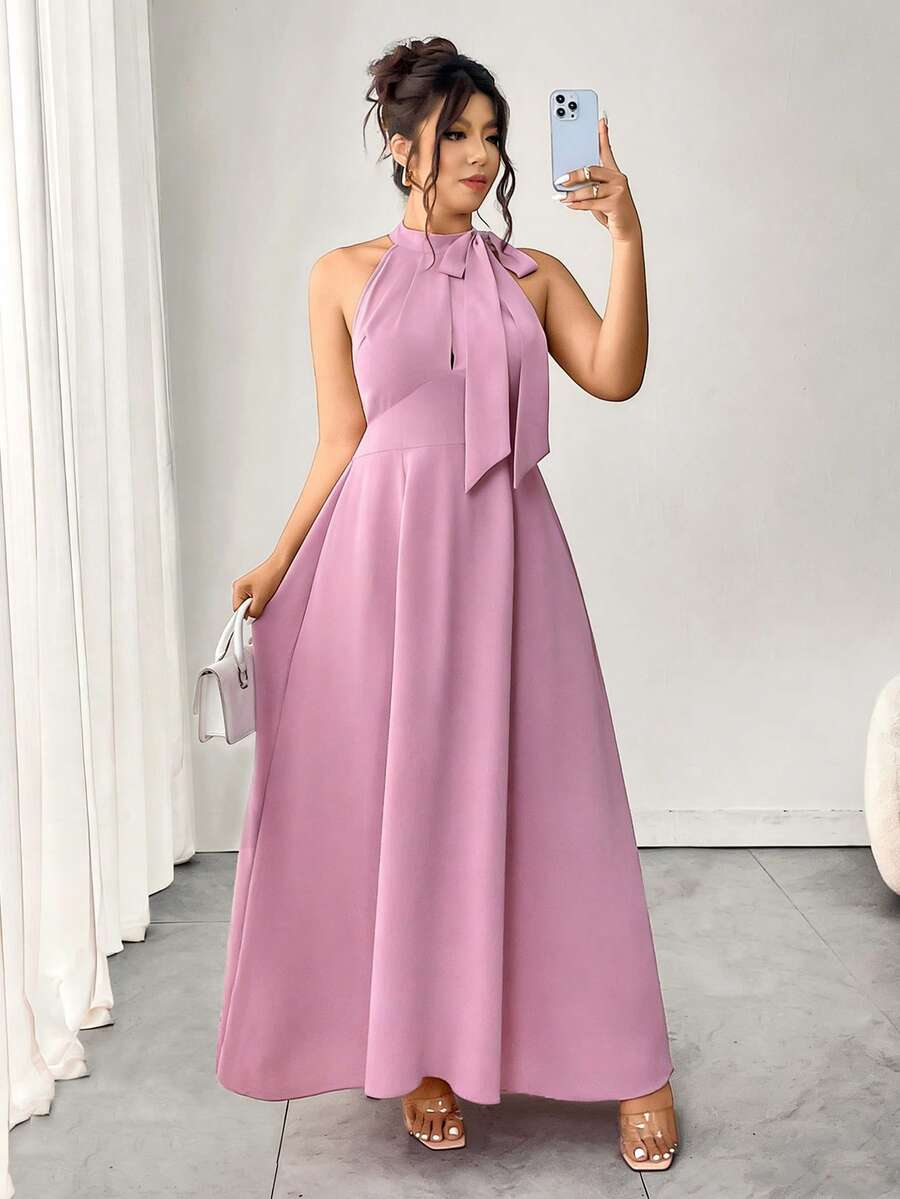 Elenzga Đầm dự tiệc Valentine lãng mạn, thanh lịch dành cho nữ cỡ lớn, có nơ trang trí, kiểu dáng chữ A hở lưng, thích hợp cho khách dự đám cưới. - Hồng - Xem 1