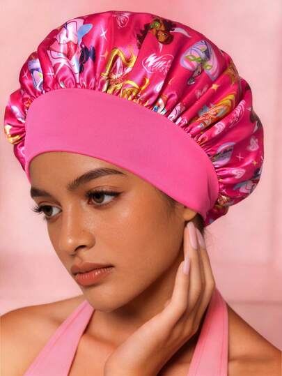 The Winx X SHEIN Bonnet de soins capillaires pour femmes à double couche rose amélioré, bonnet de sommeil imprimé de bandes dessinées en satin à large élastique, doux et confortable, convient pour un usage quotidien à la maison et pour le sommeil