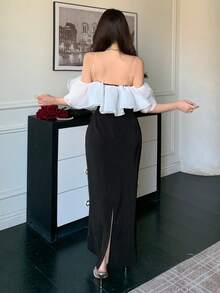 DAZY Elegant Dress For Women, Patchwork Color Block Ruffle Open Shoulder Cinched Waist, Suitable For Banquet In Spring And Autumn Sundress Off The Shoulder - Black - View 2