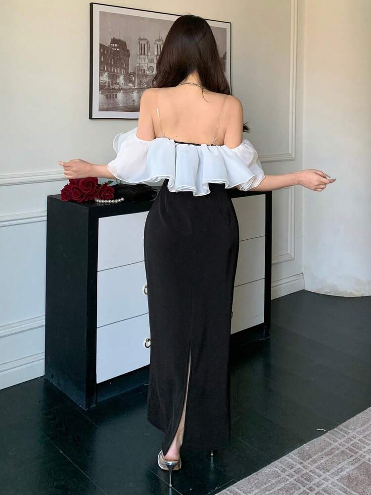 Elegant Dress For Women, Patchwork Color Block Ruffle Open Shoulder Cinched Waist, Suitable For Banquet In Spring And Autumn Sundress Off The Shoulder