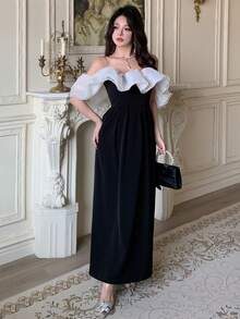 DAZY Elegant Dress For Women, Patchwork Color Block Ruffle Open Shoulder Cinched Waist, Suitable For Banquet In Spring And Autumn Sundress Off The Shoulder - Black - View 4