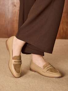 MOTF PREMIUM WOMEN'S CASUAL & OFFICE COMMUTE PU LEATHER CONTRAST SUEDETTE FLATS SPRING SHOES - Khaki - View 7