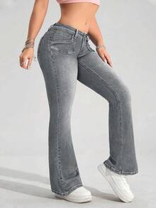 SHEIN PETITE Quần jeans ống loe cạp thấp dáng casual đa năng dành cho nữ - Màu Xám nhạt - Xem 5