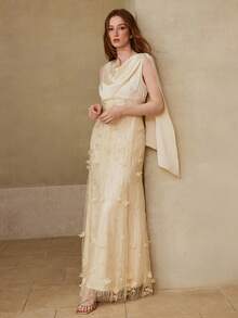 MOTF PREMIUM WOMEN'S ELEGANT LACE PATCHWORK MERMAID HEM LONG DRESS, SPRING/SUMMER - Apricot - View 6