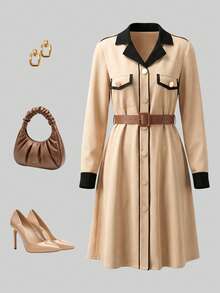 GlowEve Vestido elegante de oficina con bloqueo de color y botones delanteros - Caqui - Ver 3