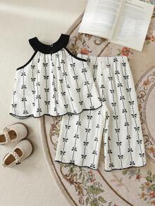 Cozy Pixies 2pcs Baby Girl Bow Decor Camisole And Elastic Waist Pants Set,Cotton Black And White Outfit,Summer Cute Vacation Holiday Resort Wear Clothes - Black and White - View 2