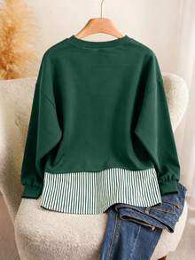 Franclia Plus Size Striped Patchwork Loose Casual Sweatshirt, Spring/Autumn - Dark Green - View 2