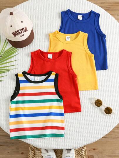 4pcs/Set Baby Boy Cute Summer Casual Versatile Solid Color Knit Vest All-Match Multipack  Easter Gift For Boys