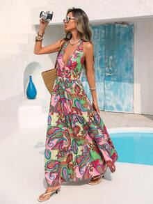 Vivid Eden Bohemian Style Printed Halter Backless A-Line Dress For Women, Casual Vacation Wear, Spring/Summer, Floral Dresses For Women, Vacation Outfits Women, Holiday Outfits For Women, Summer Holiday Outfits, Beach Vacation Outfits For Women - Multicolor - View 4