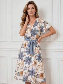 Miaspire 女士印花V领荷叶袖优雅连衣裙 - 彩色 - 查看 4