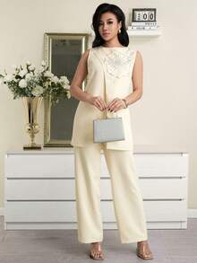 Modelyn 女士优雅水钻装饰无袖上衣和裤子两件套，夏季 - 黃色 - 查看 3