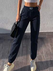 RueChic 100%Cotton Solid Elastic Waist Sweatpants - Navy Blue - View 3