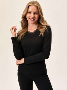 Loomlin 2 piezas Conjunto de ropa de casa con cuello en V de algodón y detalles de encaje - Negro - Ver 4