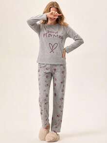Loomlin 100% Cotton 2Pcs  Contrast Colour Heart Printed PJ Set - Grey - View 4