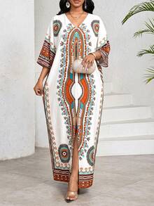 SHEIN Lady 女士印花V领七分袖宽松连衣裙，度假风 - 彩色 - 查看 5