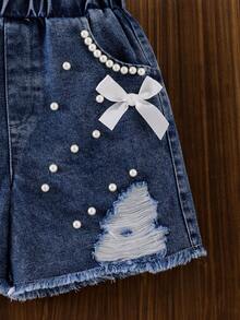 Genkimix Kids 2件套女童象牙色罗纹荷叶边无袖上衣和牛仔铆钉短裤，夏季套装，柔软优雅的夏季套装，女童牛仔短裤套装，牛仔套装，儿童牛仔裙套装，女童夏季服装套装 - 白色 - 查看 6