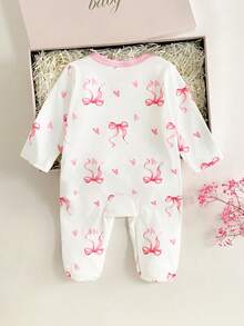 SHEIN 新生女宝宝可爱蝴蝶结印花针织柔软休闲圆领长袖连体衣，柔软舒适，适合情人节服装和礼物 - 粉色 - 查看 2