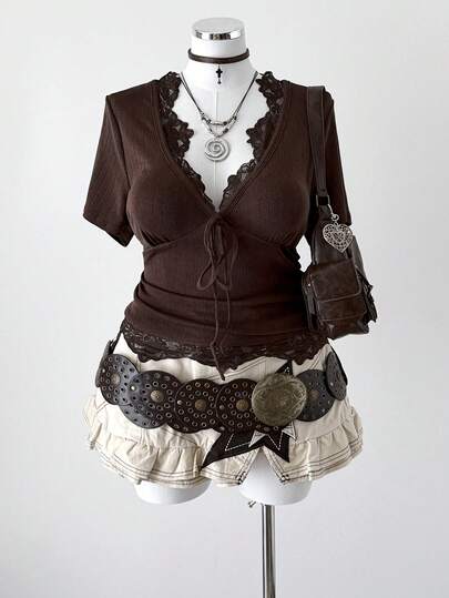 Sunspun Plus Size Women's New Vintage Romantic Vacation Cute Sweet V-Neck Ruffle Collar Short Sleeve T-Shirt, Regular T-Shirt, Casual Outerwear, Versatile T-Shirt, Ruffle Trim At Collar, Hem And Cuffs, Fitted Versatile Women's T-Shirt, Suitable For Spring, Summer, Music Festival Tee, Office Tee, College Style Tee