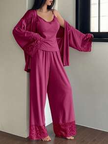 DAZY 3pcs Lace Patchwork Robe, Camisole & Pants Women Sleepwear Set - Hot Pink - View 3