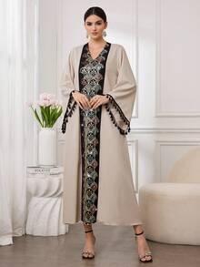 Al Najma Women's Retro Sequin Embroidery Tassel Sleeve V-Neck Maxi Arabic Robe - Multicolor - View 3