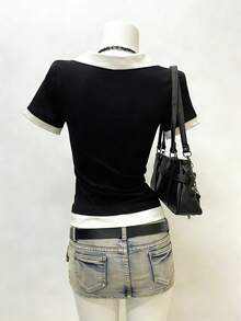 Resyla Women's Collared Button Half-Placket 2 In 1 Casual Everyday Short Sleeve T-Shirt Black And White Tops Preppy Tops Black And White Blouse Office Tops Women Cute Black Tops - Black and White - View 2