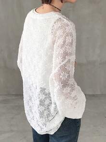 FRIFUL 女士宽松圆领蕾丝纯色衬衫 - 米色 - 查看 2