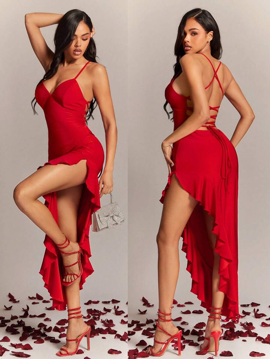 Radiana Đầm ôm sát màu đỏ lãng mạn, thanh lịch với dây đeo bèo nhún bất đối xứng, kiểu dáng gợi cảm hở lưng, thắt eo, thích hợp cho buổi hẹn hò Valentine, tiệc cocktail, các dịp trang trọng, chất liệu vải dệt kim co giãn ôm sát đường cong cơ thể. - Đỏ - Xem 1