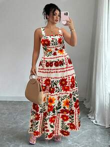 SHEIN Elenzya 大码女式印花方领收腰修身连衣裙，后背系带蝴蝶结，休闲时尚中长连衣裙，适合日常、通勤、海滩度假、春夏穿着。 - 彩色 - 查看 3