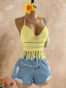 Soleia 女士度假休闲流苏下摆露背吊带针织上衣 - 黃色 - 查看 5