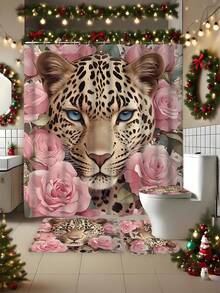 Conjunto de cortina de ducha con estampado de leopardo y rosa rosa con 12 ganchos en forma de C - Impermeable, lavable a máquina, estampado animal - Alfombra de baño impermeable y antideslizante, tapa de inodoro y juego de alfombra en forma de U Cortina de baño de 4 piezas - Juego de cortinas de baño decorativas de dibujos animados lavables a máquina, este es un conjunto de suministros decorativos de baño para fiestas adecuado para todas las temporadas y es el regalo perfecto de vacaciones para amigos y familiares. - Multicolor - Ver 7