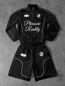 PAVTROS 男士休闲字母印花拉链连帽衫和短裤套装 - 黑色 - 查看 7