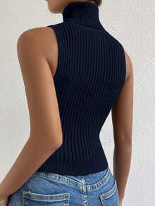 RosyDaze Atasan Rajut Elegan Tanpa Lengan Model Turtleneck Warna Polos - Royal Blue - View 2