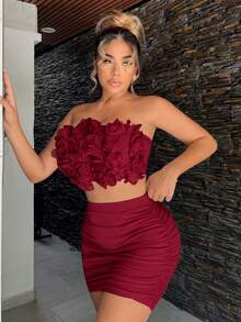 SHEIN SXY 2pcs Set: 3D Floral Trim Bandeau Top And Ruched Bodycon Mini Skirt Ruffle Top Set Skirt Two Piece Set - Red - View 5