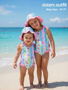 SHEIN GraphicGems Baby Girl Starfish Printed Ruffled One-Piece Beach Swimsuit Swimsuit Set For Baby Girl One Piece Bathing Suit For Baby Girl Bathing Suits For Baby Swimming Suits For Baby S Swimsuits For Baby