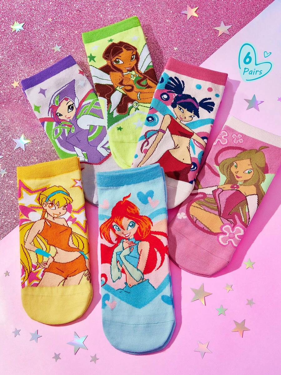 The Winx X SHEIN 6 đôi tất cổ ngắn mềm mại, thoáng khí, thấm hút mồ hôi dành cho nữ và bé gái, họa tiết hoạt hình dễ thương, thời trang và đáng yêu, màu kẹo ngọt, mũi và gót được gia cố để tăng độ bền, phù hợp mọi mùa hè và đông, họa tiết đồ họa, phong cách Y2K. - Nhiều màu - Xem 1