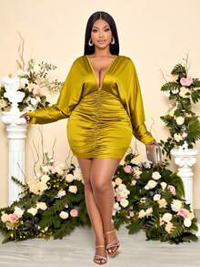 SOLERSUN Vestido mini ajustado de mujer de talla grande, elegante y de fiesta, de unicolor, con escote en V profundo, drapeado y cintura recogida, para uso diario y citas casuales, ropa de mujer sexy y romántica para Navidad, ropa de mujer para otoño e invierno, de telas brillantes - Mostaza Amarilla - Ver 2