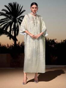 Al Najma Vestido de estilo árabe con cuello en V holgado, mangas de murciélago y diseño con flecos - Rosa - Ver 3