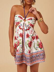 Travachic Sleeveless Halter Neck Hollow Out Tropical Print Vacation Dress - Multicolor - View 6