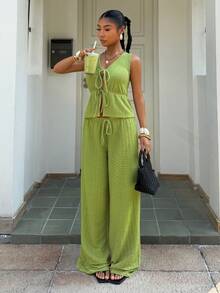 Muchica 浅绿色针织女式无袖系带上衣和修身裤套装 - 薄荷綠 - 查看 3