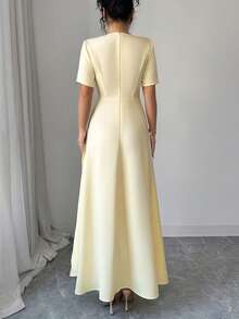 Elenzga Đầm Maxi Tay Ngắn Dáng Chữ A Cổ Tròn Xếp Ly Eo Cho Nữ, Phong Cách Đường Phố Retro Pháp Thanh Lịch, Tối Giản, Phù Hợp Mặc Thường Ngày, Trang Trọng, Công Sở, Kỳ Nghỉ, Xuân/Hè - Màu vàng ngỗng - Xem 2