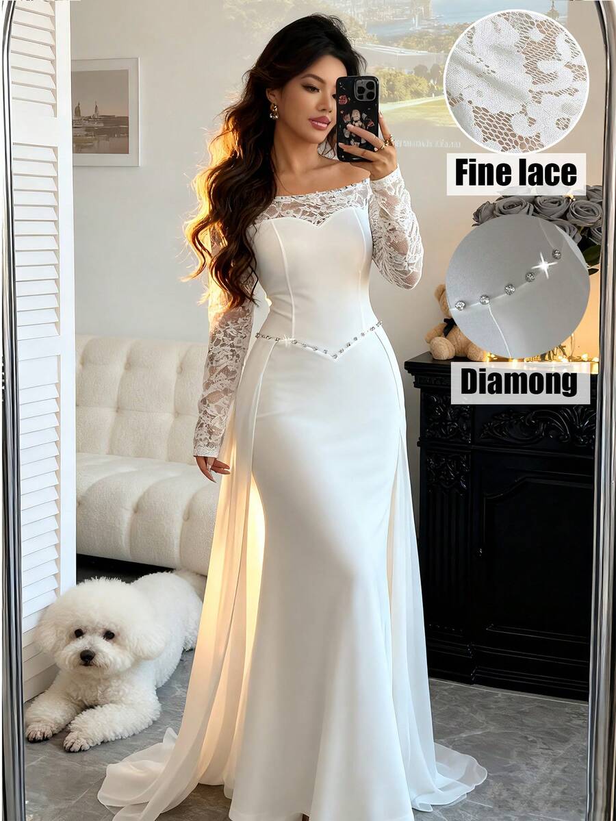 Elenzga 优雅性感露肩撞色蕾丝长袖修身鱼尾长裙，水晶装饰领口，适合约会，春夏时尚单品 - 白色 - 查看 1