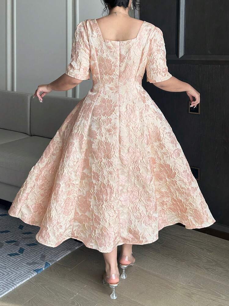 Dazy Plus Plus Size Women Floral Print Square Neck Short Sleeve Waist Cinched Maxi Party Dress, Pink, Spring/Summer Sundress