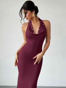 Firerie Women's Summer Seductive Rose Gold Beaded Halter Neck Maxi Dress, V-Neck Draped Backless Bodycon Party Dress For Graduation Music Festival - Red Violet - View 4
