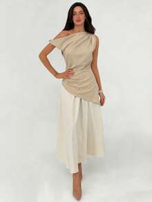 Aloruh Modern Beige Set,Elegant Summmer Vacation One-Shoulder Cinched Waist Metal Buckle Top & Straight-Leg Pants,Dignified Office Wear & Casual Outfits - Multicolor - View 9