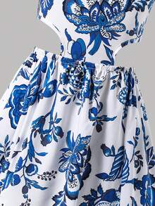 SHEIN 夏季少女碎花印花露背高开衩镂空腰部沙滩长裙 - 藍色 - 查看 7